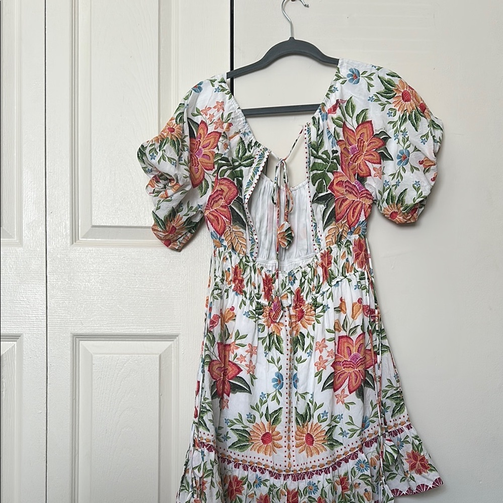 FARM Rio White Floral Puff-Sleeve Mini Dress with Pink & Green Accents - Picture 6 of 8